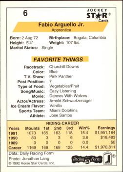 1992 Jockey Star #6 Fabio Arguello Jr. Back
